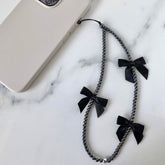 Black Bow Phone Charm with Silver Hematite Bead Phone Strap