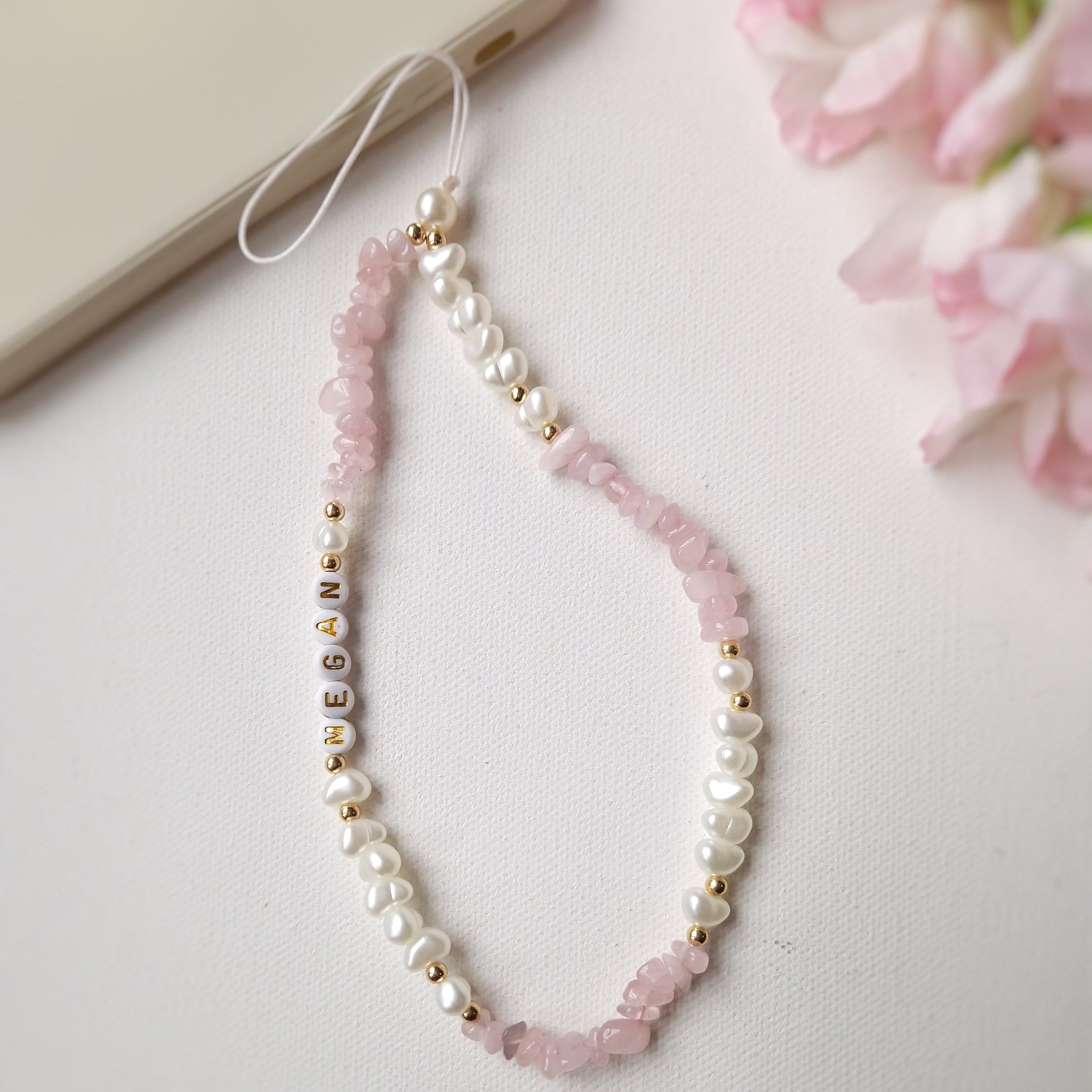 Rose Quartz Phone Charm, Crystal Gemstone Beaded Wrist Camera Strap