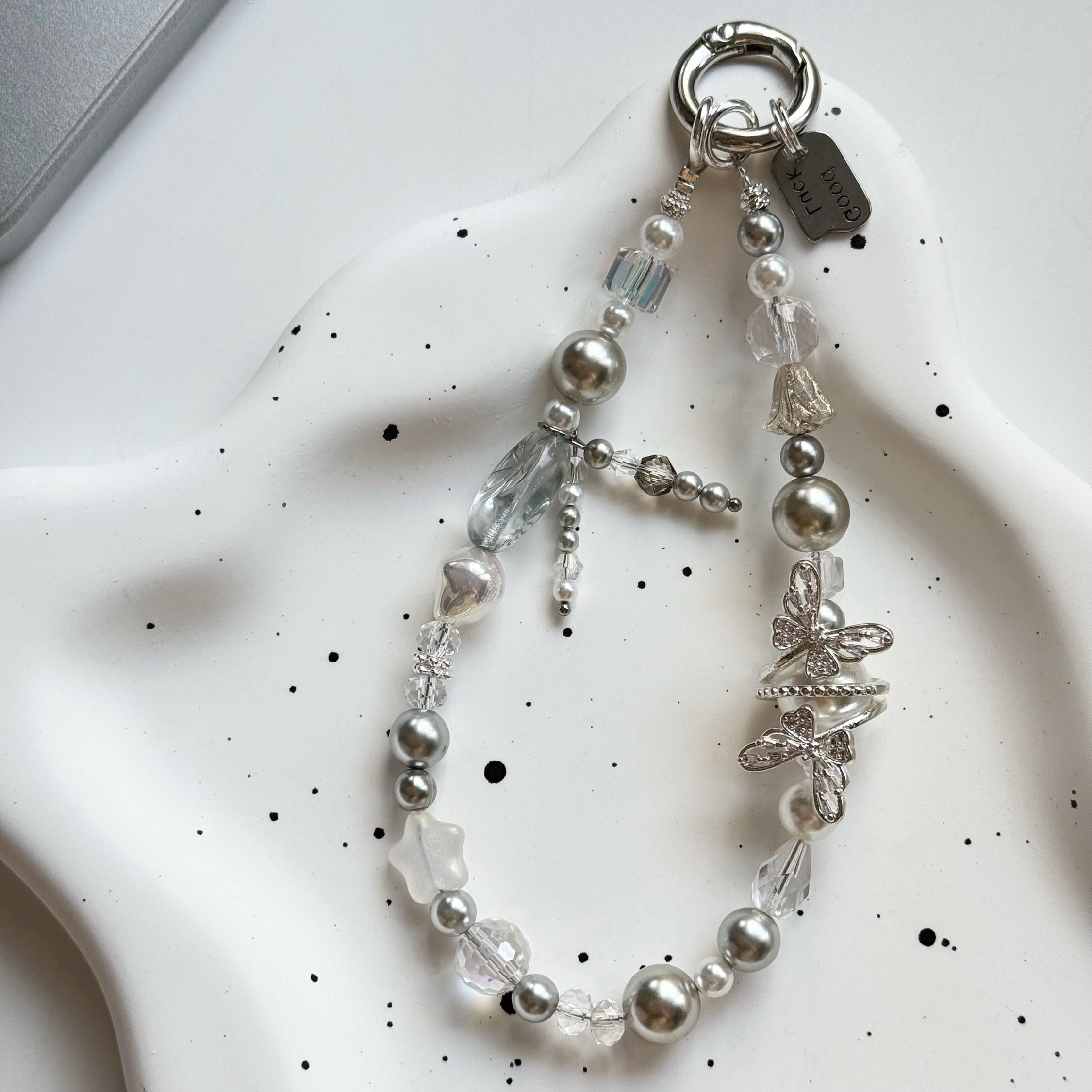 Silver Butterfly Phone Charm, Czech Glass Pearl Wrist Strap