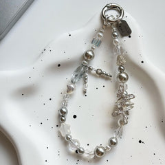 Silver Butterfly Phone Charm, Czech Glass Pearl Wrist Strap