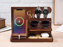 Personalized Docking Station, Custom Desk Storage Stand, Engraved Wood Docking Station