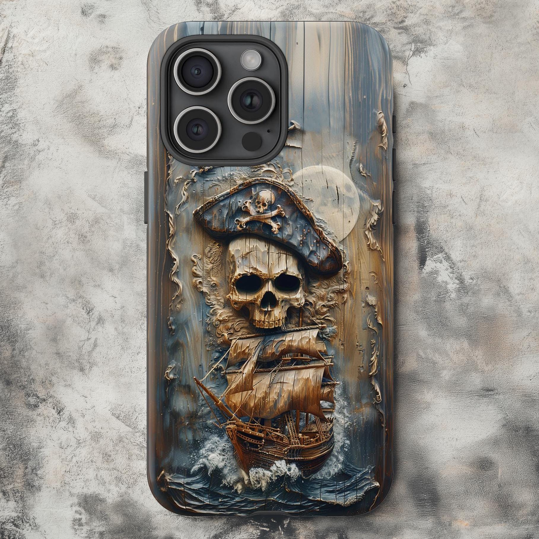Pirate Ship Skull Phone Case | Nautical Ocean Art | Printer Faux Wood Look