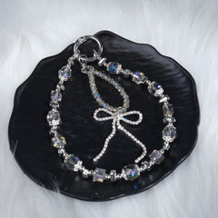 Crystal Phone Charm, Silver Rhinestone Bow, Bag Charm, Beaded Strap, Aesthetic Jewelry