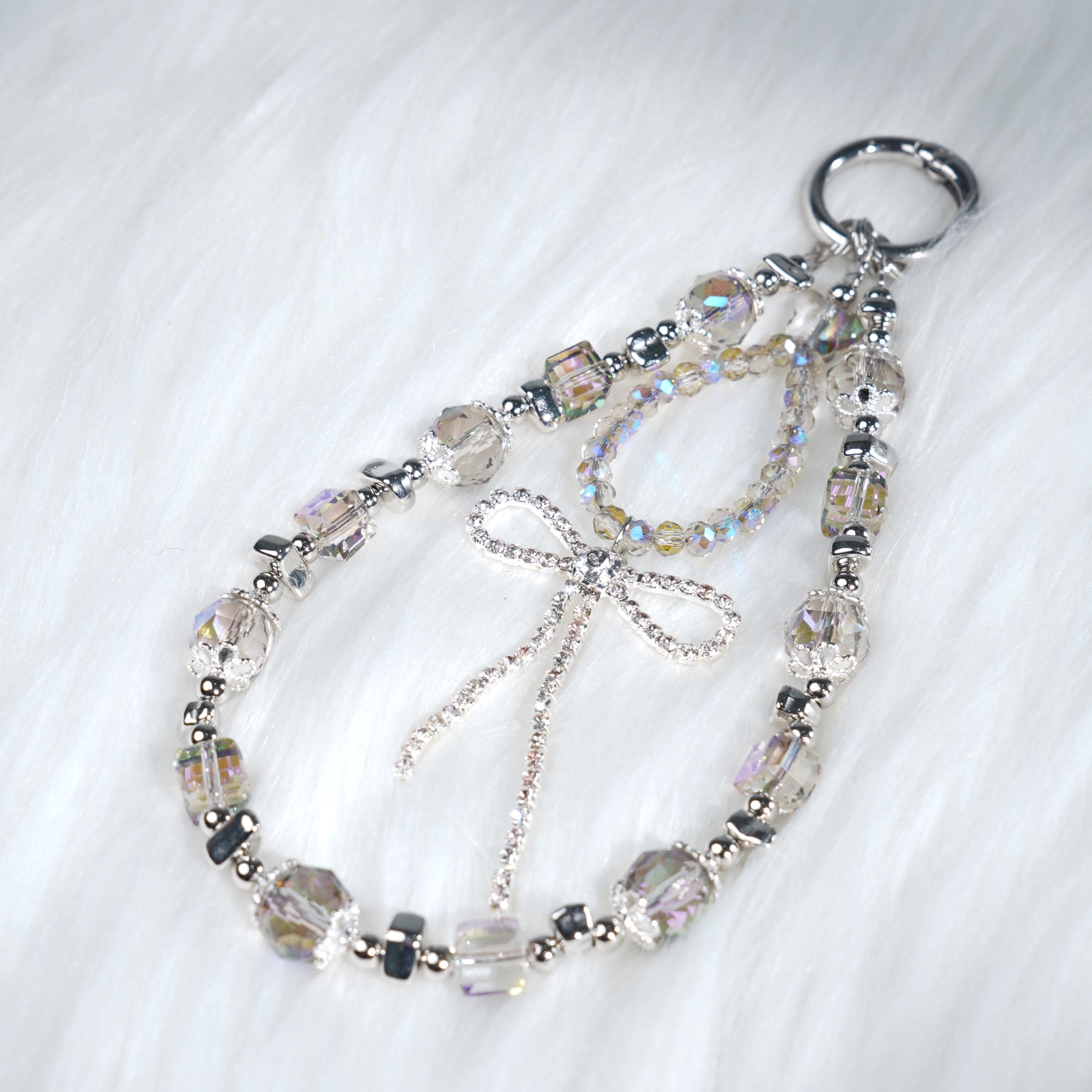 Crystal Phone Charm, Silver Rhinestone Bow, Bag Charm, Beaded Strap, Aesthetic Jewelry