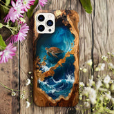 Sea Turtle Faux Wood Resin Phone Case, Blue Epoxy Blue Ocean iPhone MagSafe Tough Case
