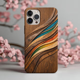 Carved Wood Wave Phone Case, Colorful Modern Wooden Art Design, Organic Flow Pattern, Luxury Aesthetic iPhone Cover