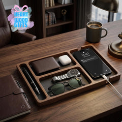 Wooden Valet Tray Organizer with Phone Charging Slot
