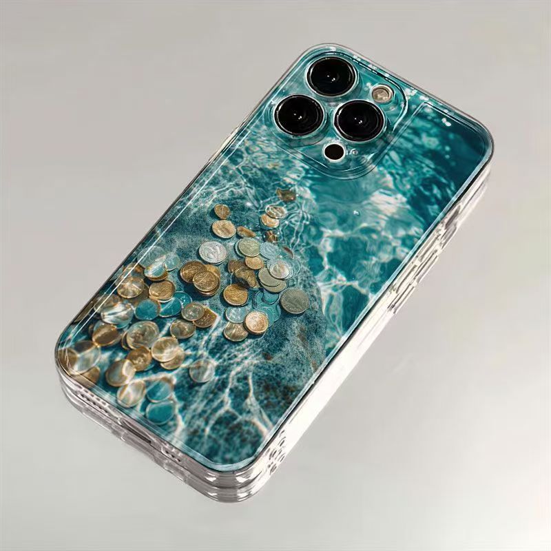 Blue Ocean Wealth iPhone Case – Lucky Coins in Crystal Clear Water Design