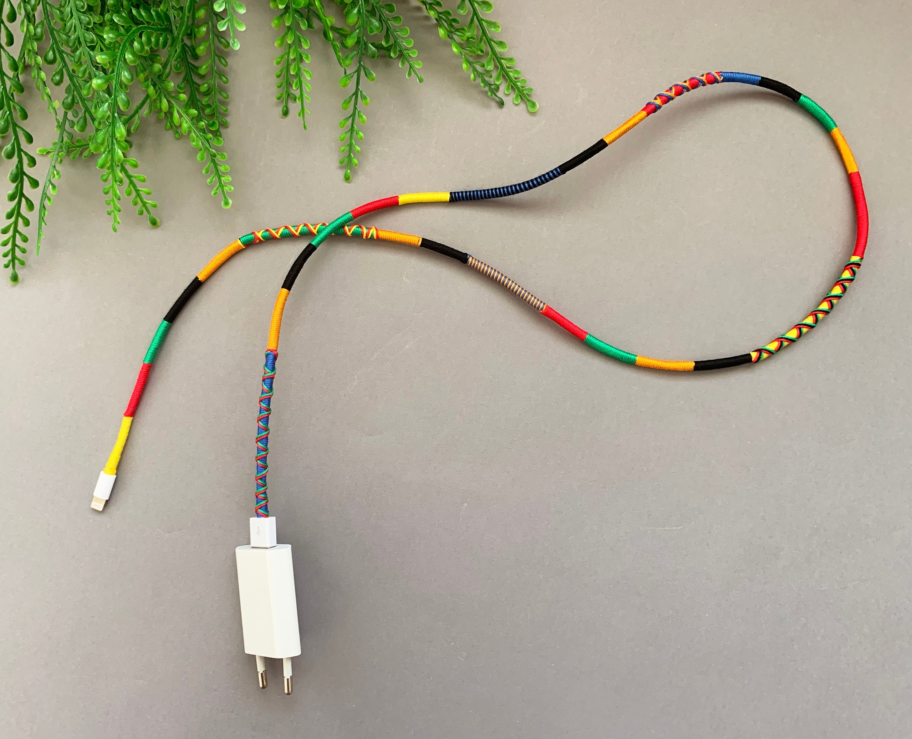 Wrapped Yarn Charger Cable: Multicolor Tribal Lightning Cord