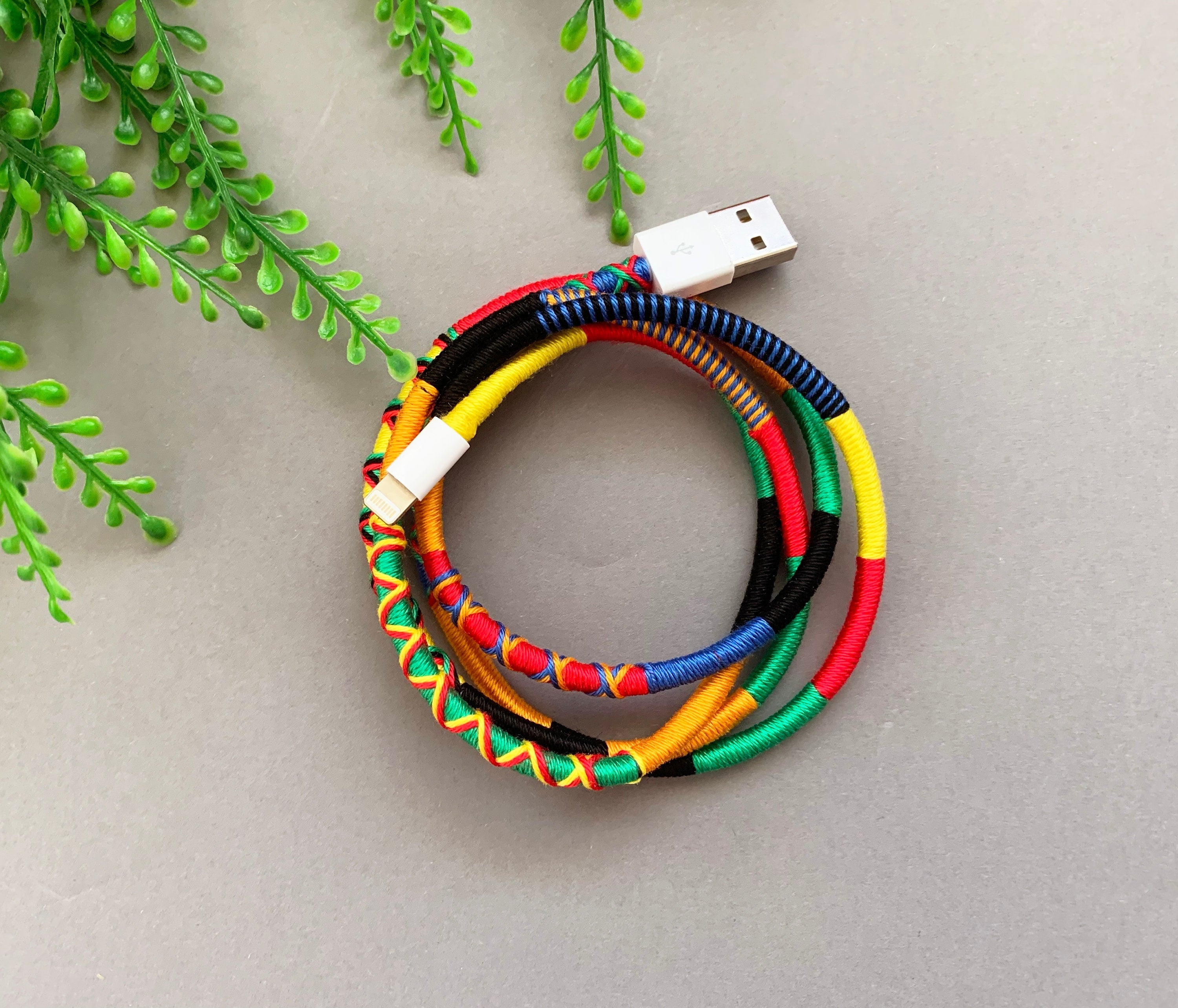 Wrapped Yarn Charger Cable: Multicolor Tribal Lightning Cord