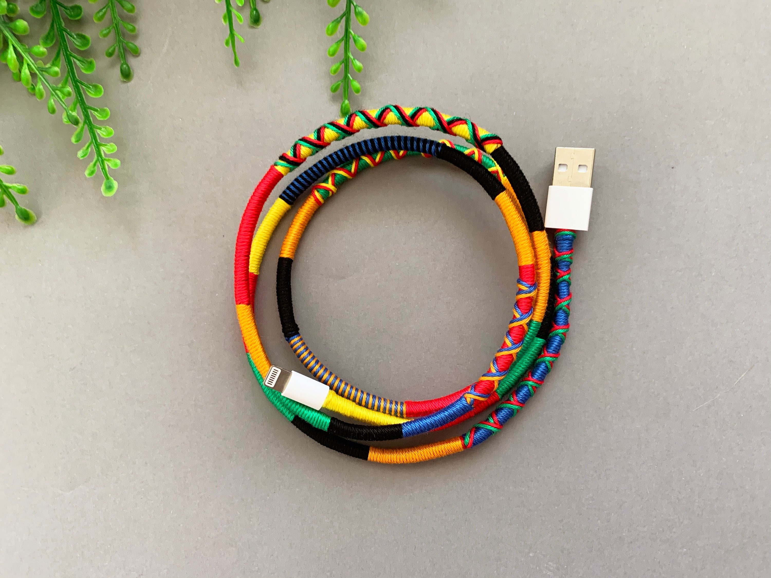 Wrapped Yarn Charger Cable: Multicolor Tribal Lightning Cord