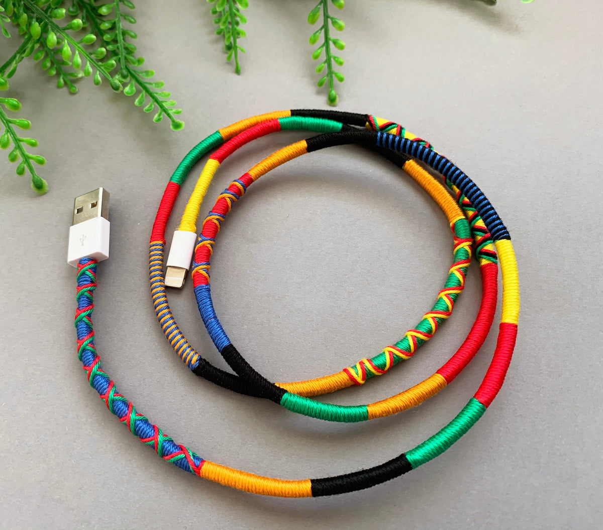 Wrapped Yarn Charger Cable: Multicolor Tribal Lightning Cord