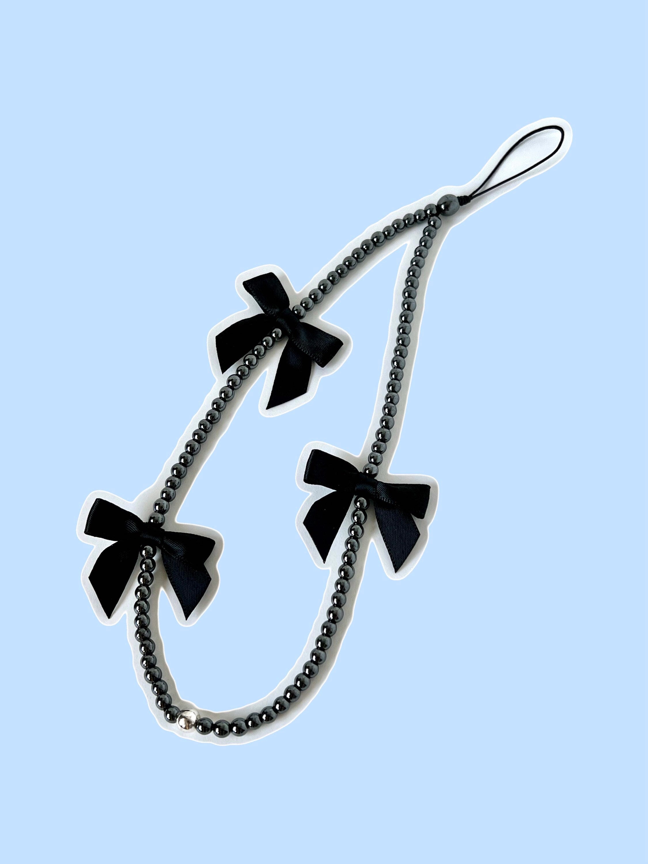 Black Bow Phone Charm with Silver Hematite Bead Phone Strap