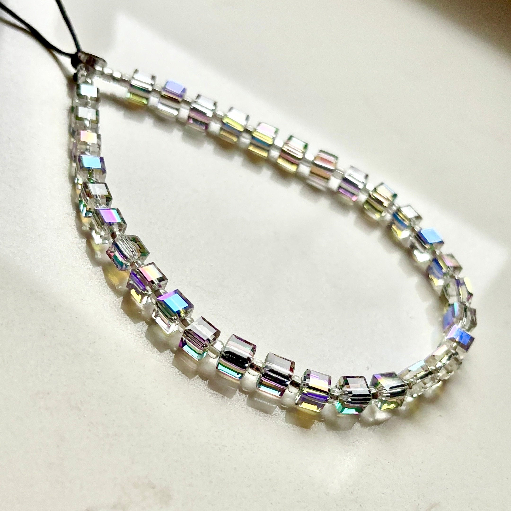 Crystal Phone Straps Wristlets Charm AB Plum Tone 8mm Square Glass Crystals