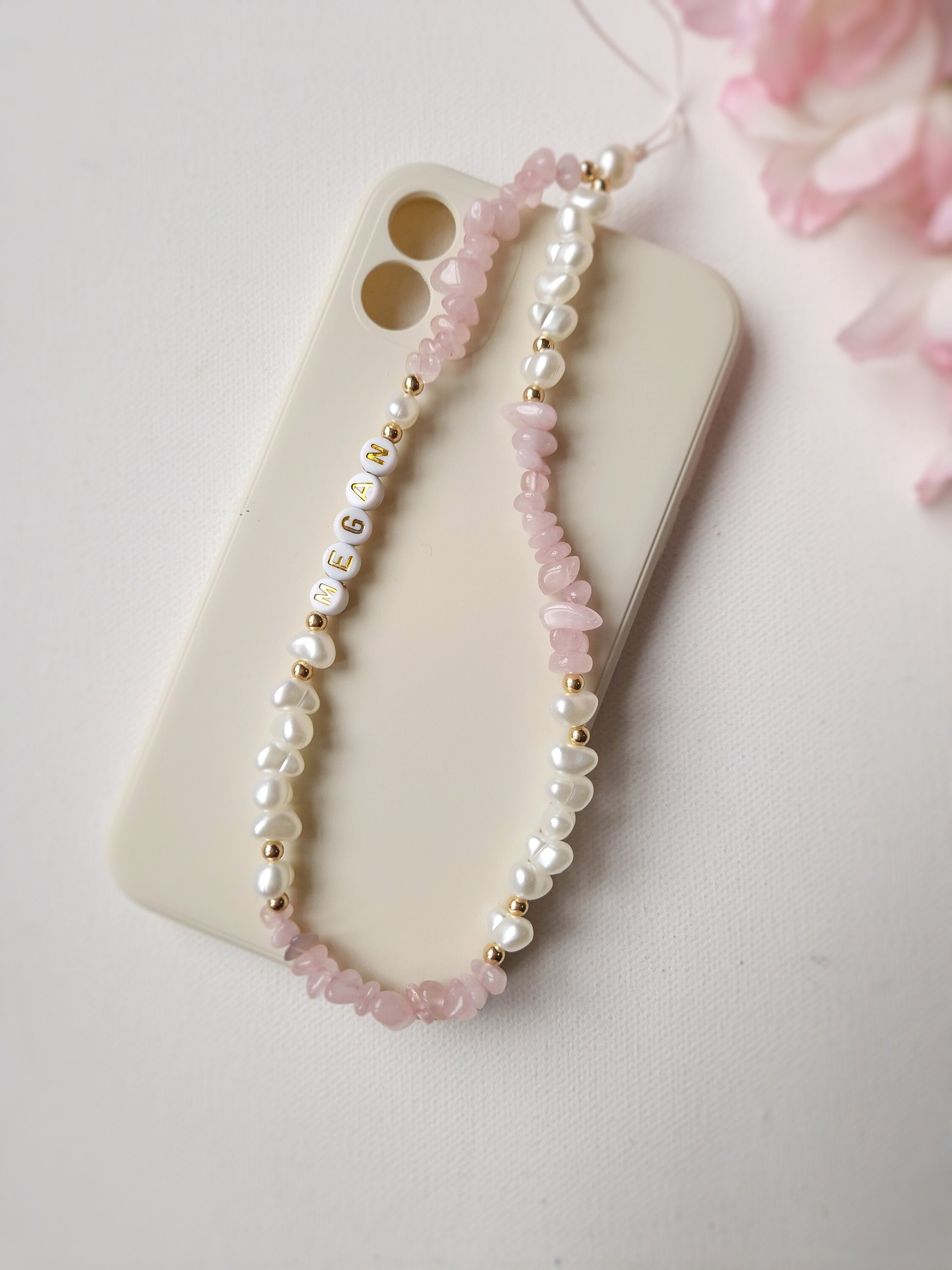 Rose Quartz Phone Charm, Crystal Gemstone Beaded Wrist Camera Strap