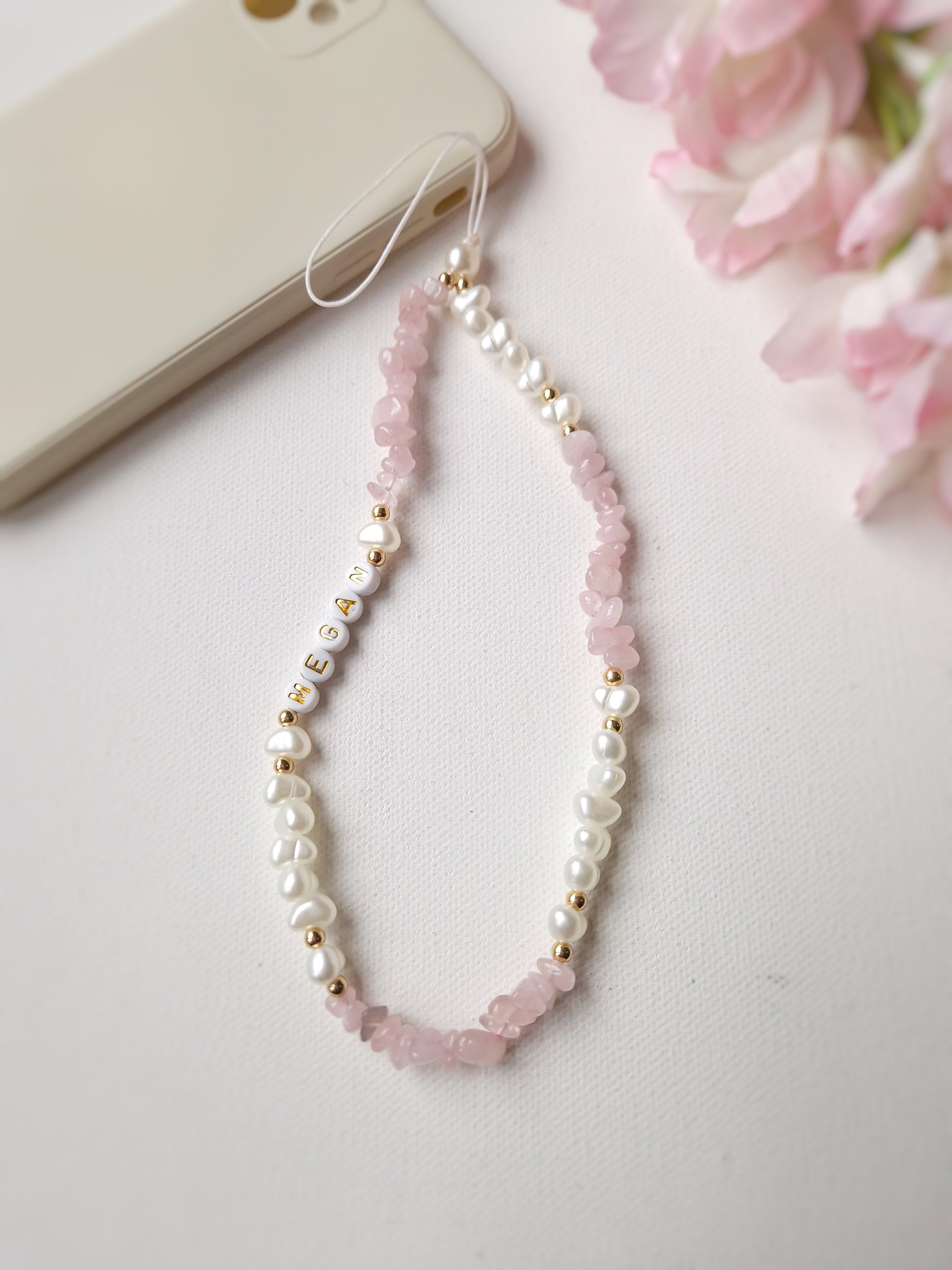 Rose Quartz Phone Charm, Crystal Gemstone Beaded Wrist Camera Strap