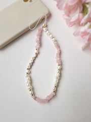 Rose Quartz Phone Charm, Crystal Gemstone Beaded Wrist Camera Strap