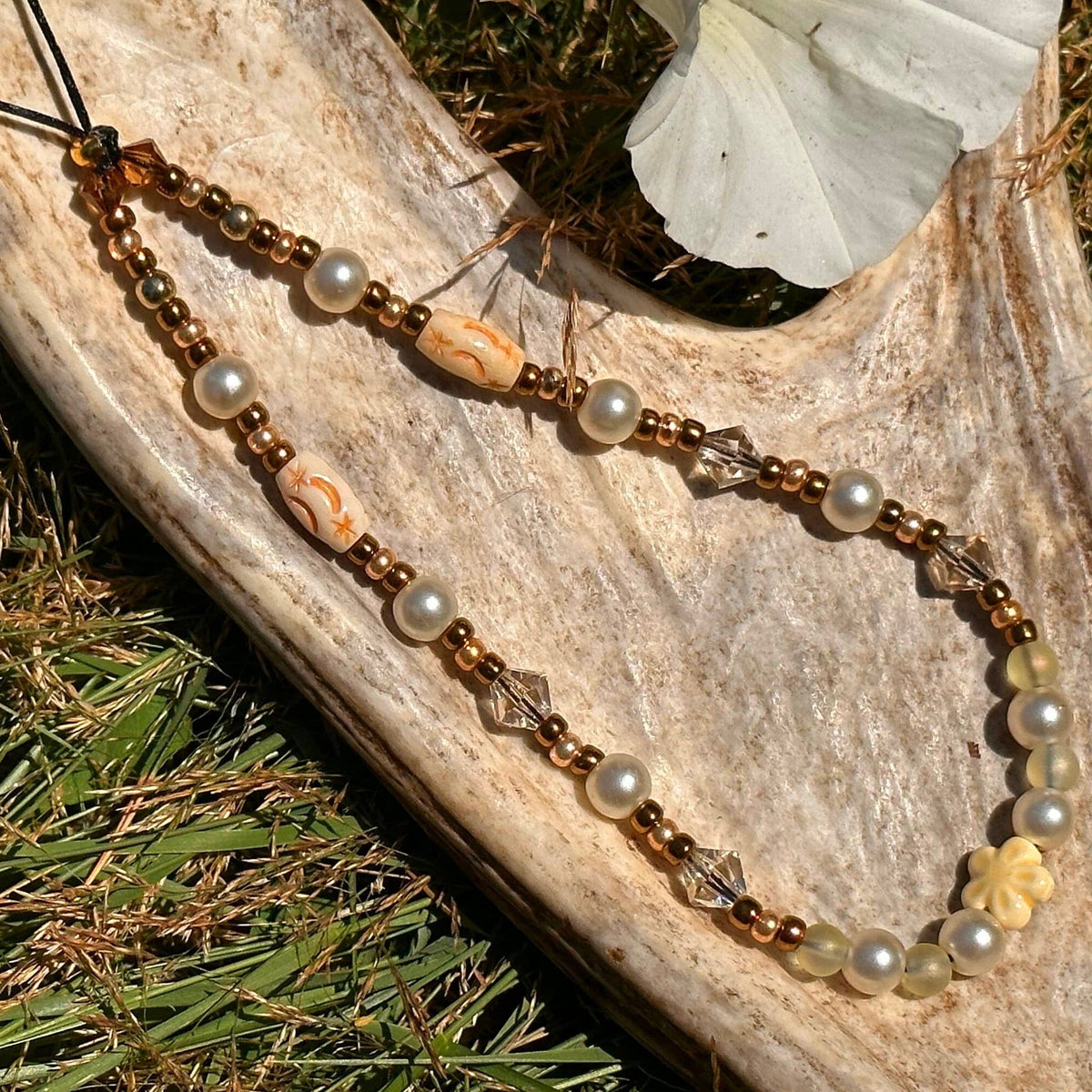 Gold Crystal Phone Charm: Iridescent Pearl Beaded Wristlet