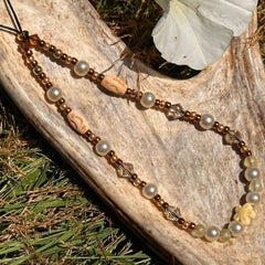 Gold Crystal Phone Charm: Iridescent Pearl Beaded Wristlet