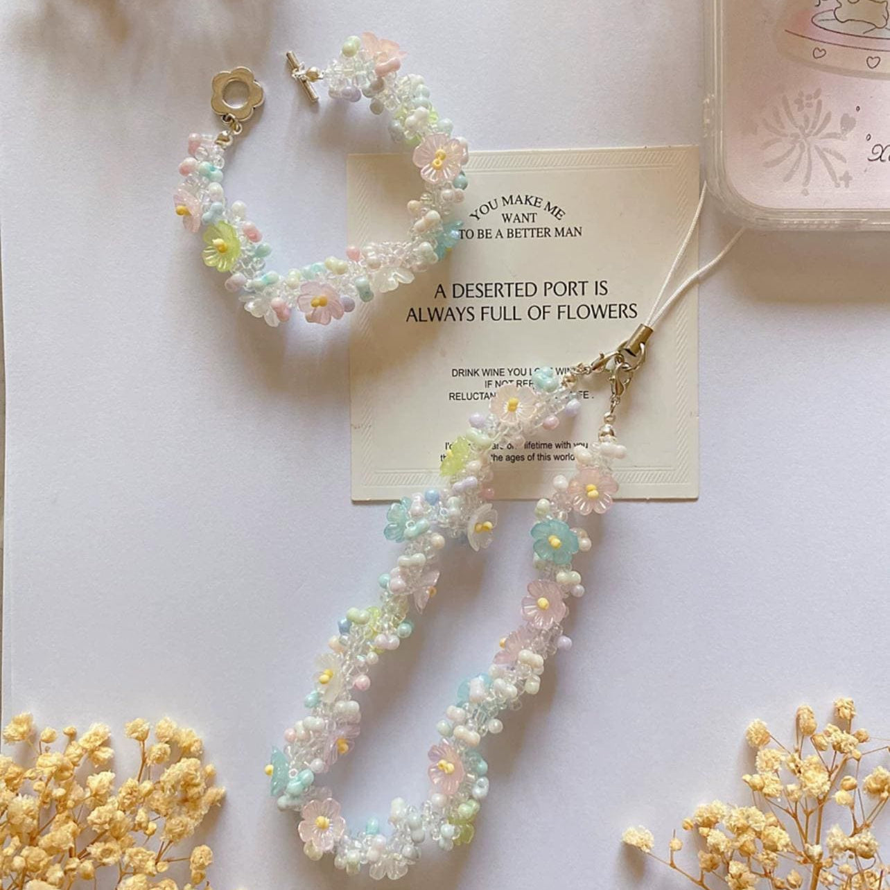 Beaded Flower Phone Charm Strap: Pastel Bracelet