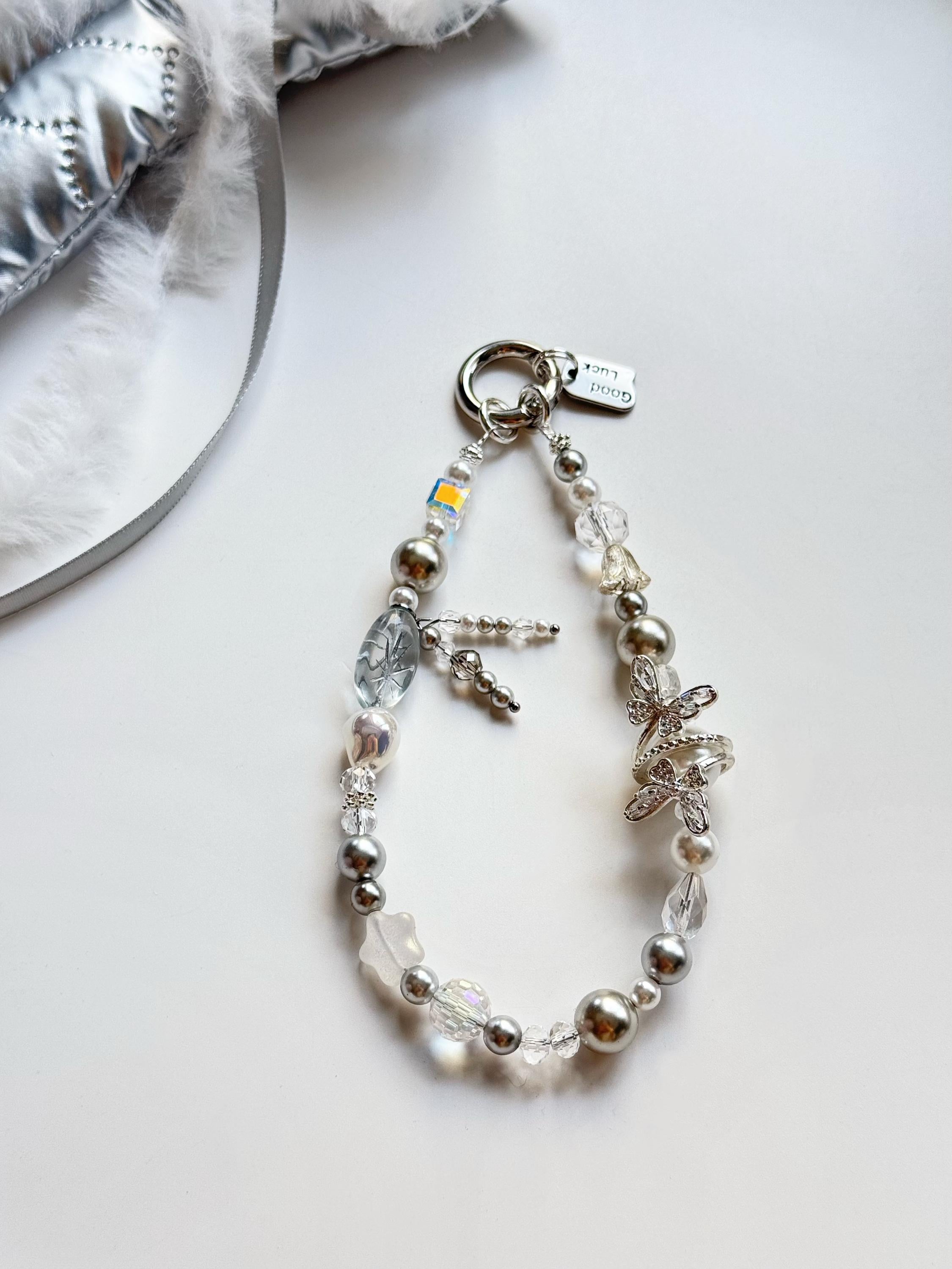 Silver Butterfly Phone Charm, Czech Glass Pearl Wrist Strap
