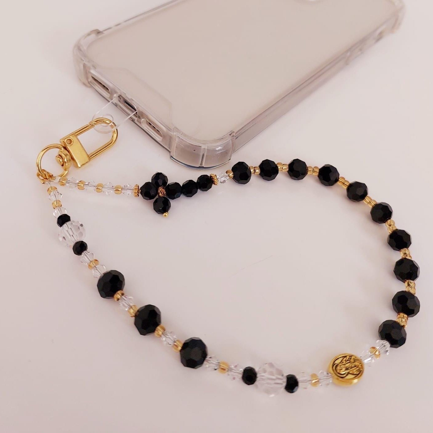Personalized Black Crystal Rosary Phone Charm
