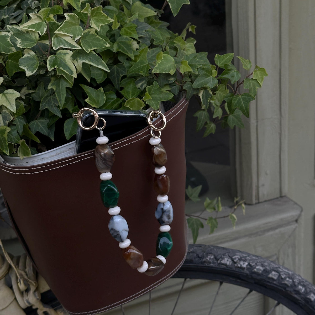 Beaded Phone Strap with Gold Details, Wrist Chain
