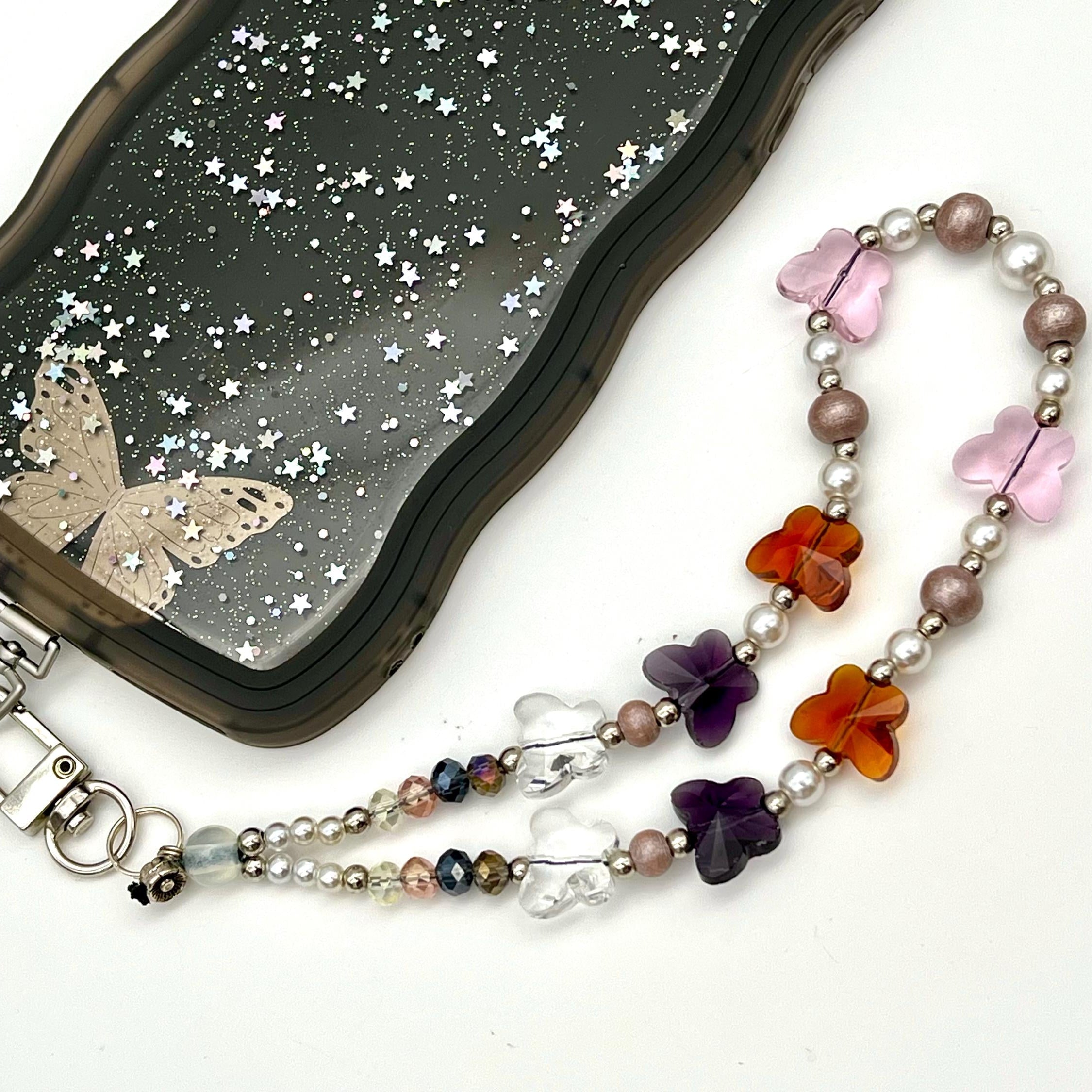 Butterfly Phone Bracelet, Y2K Phone Strap, Beaded Crystal Phone Chain, Phone Charm, Phone Wristlet