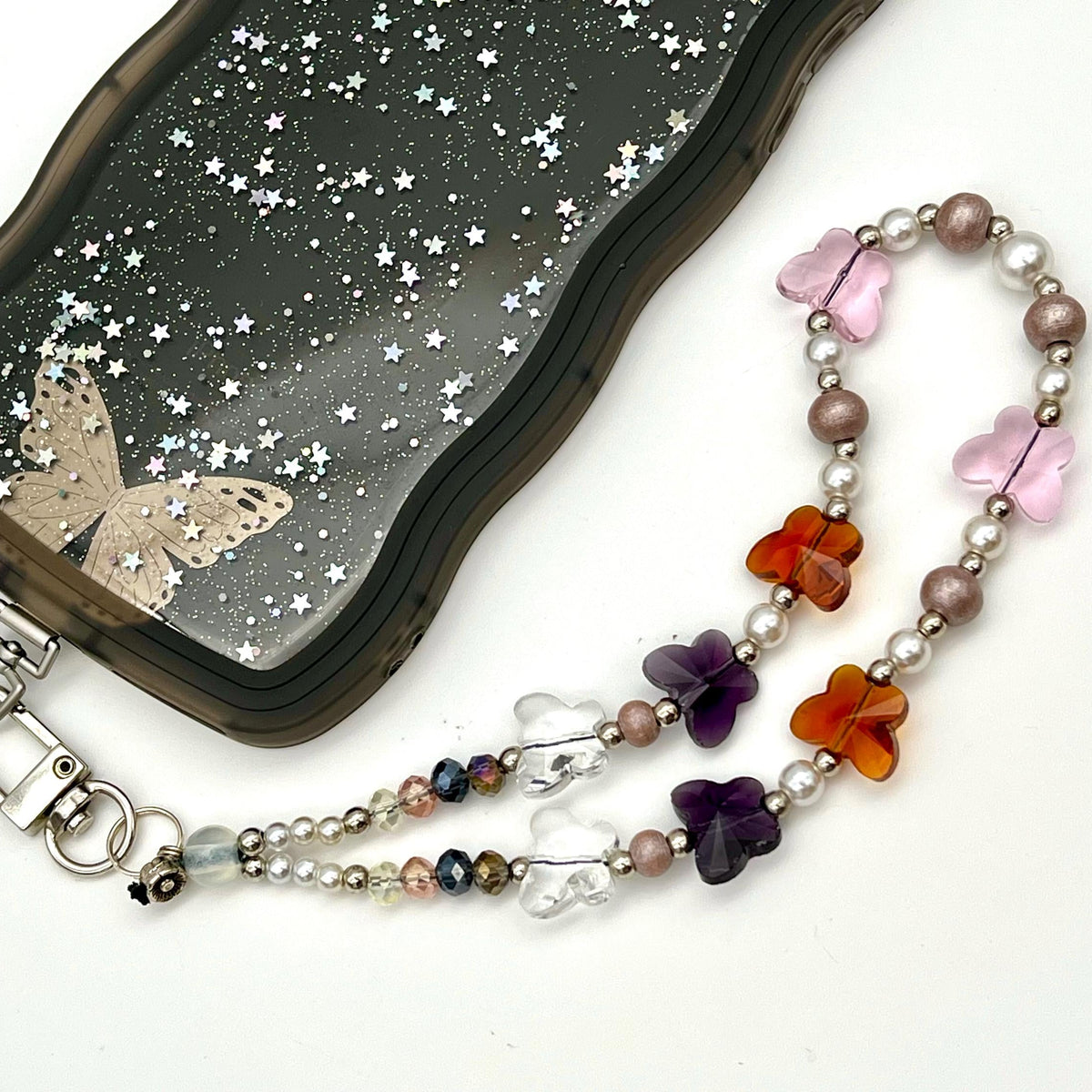 Butterfly Phone Bracelet, Y2K Phone Strap, Beaded Crystal Phone Chain, Phone Charm, Phone Wristlet