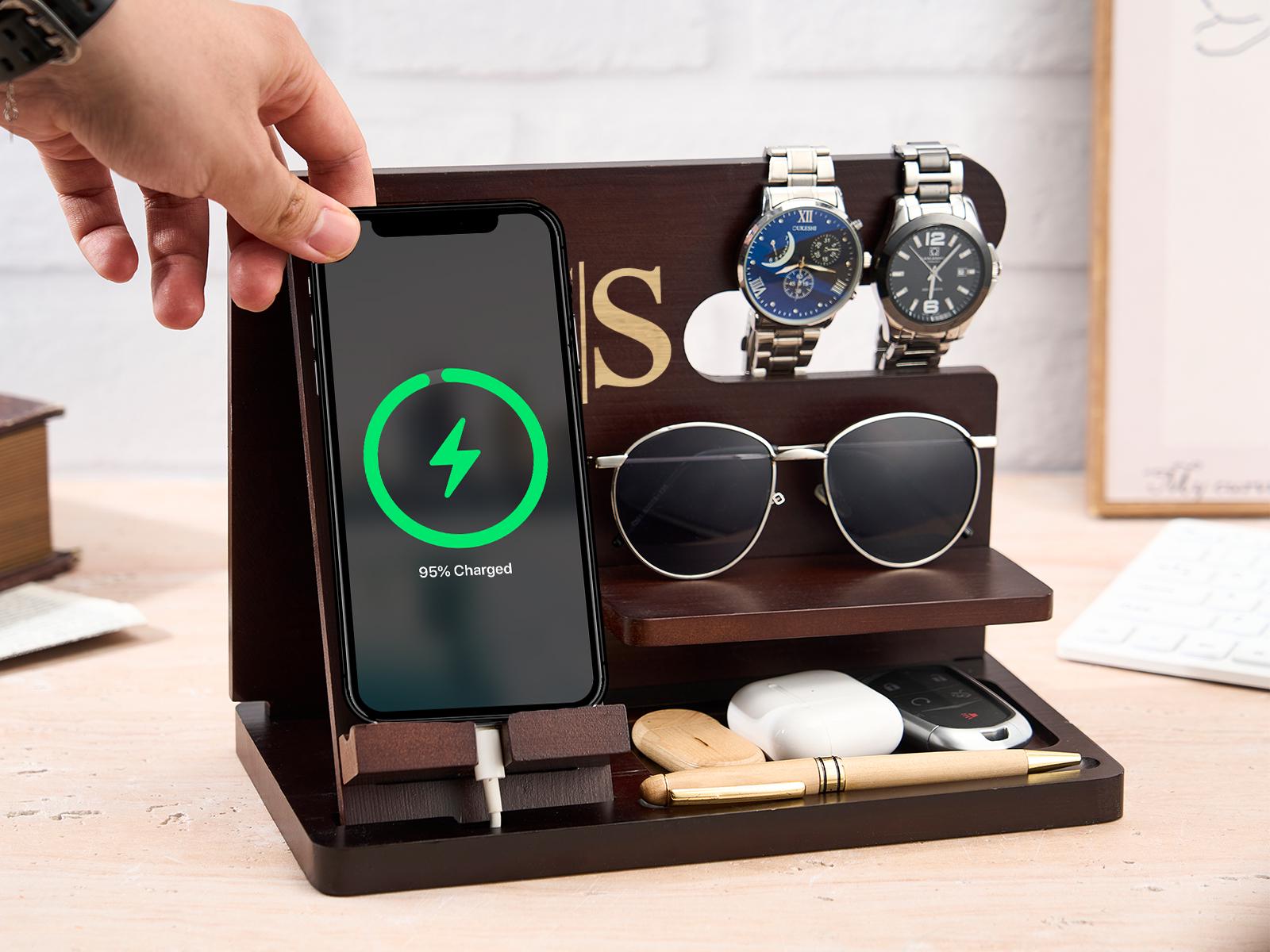 Personalized Docking Station, Custom Desk Storage Stand, Engraved Wood Docking Station