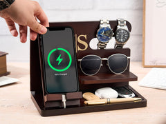 Personalized Docking Station, Custom Desk Storage Stand, Engraved Wood Docking Station
