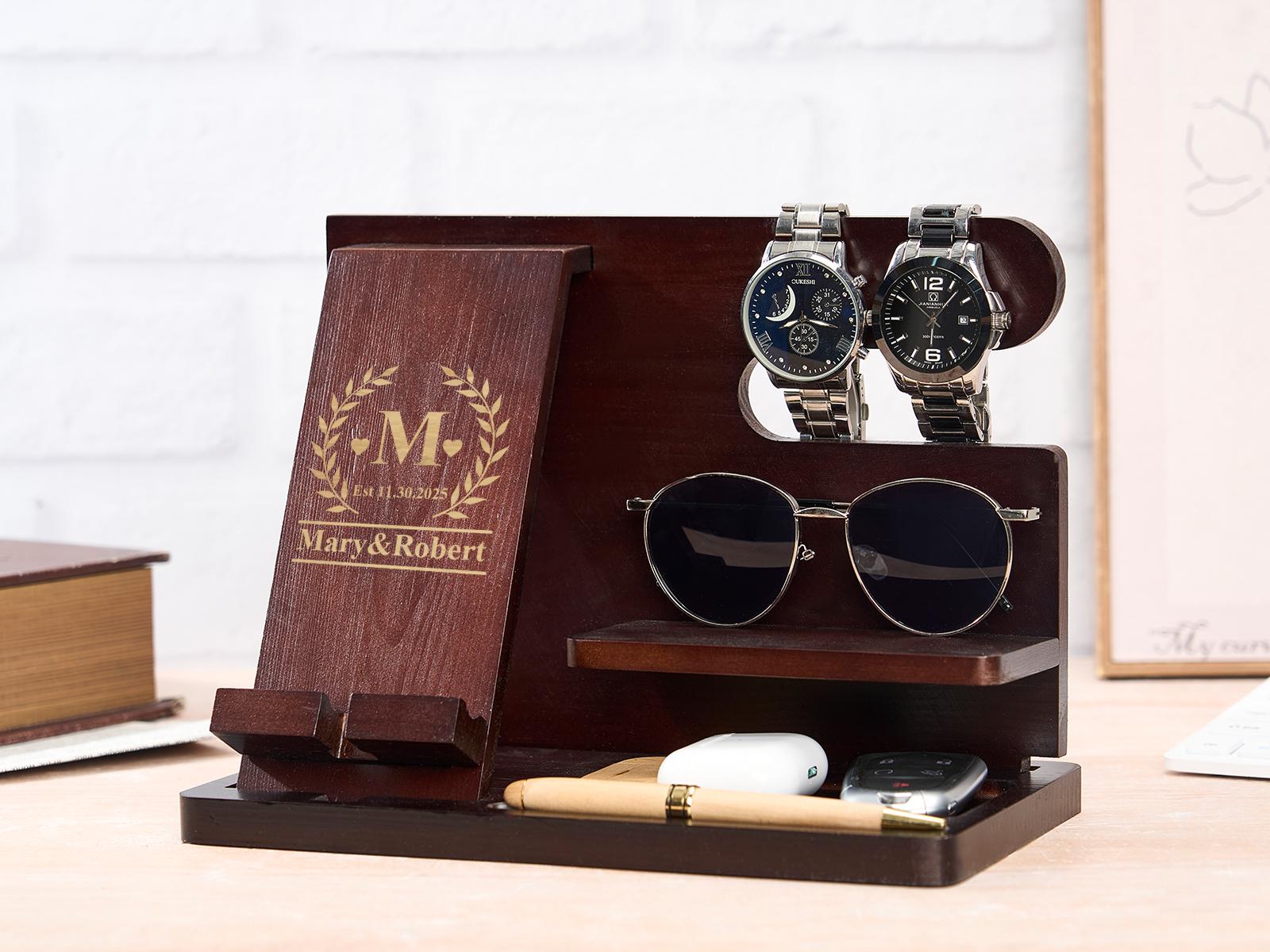 Personalized Docking Station, Custom Desk Storage Stand, Engraved Wood Docking Station