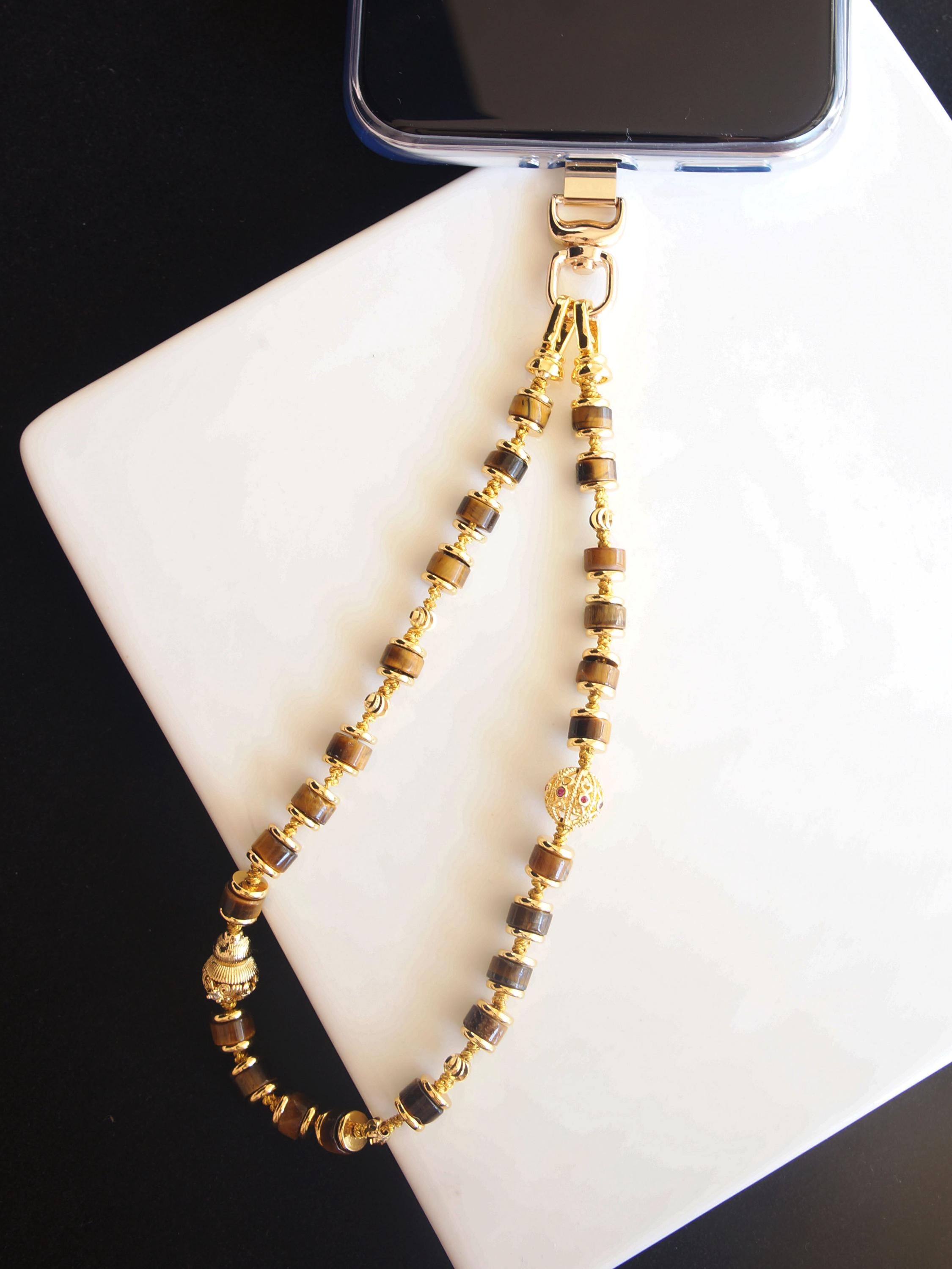 Tiger's Eye Phone Chain with Gold-Plated Charms