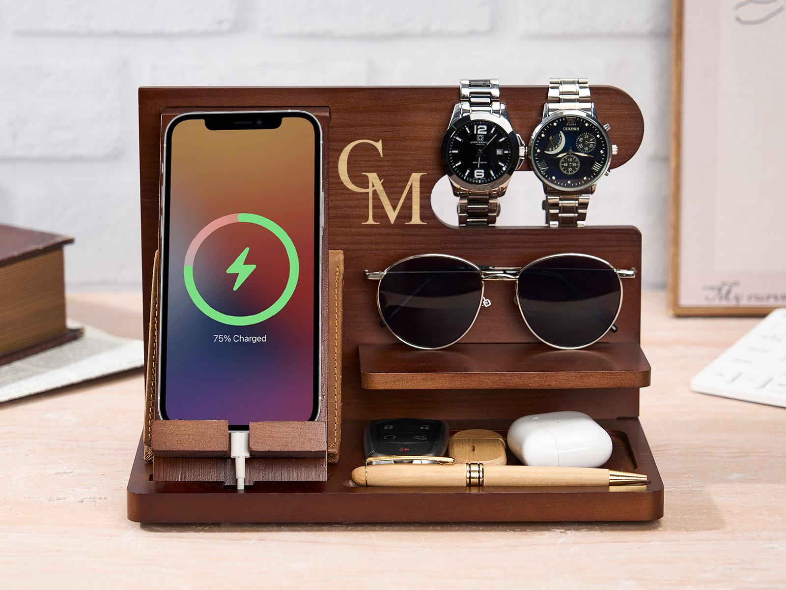 Personalized Docking Station, Custom Desk Storage Stand, Engraved Wood Docking Station