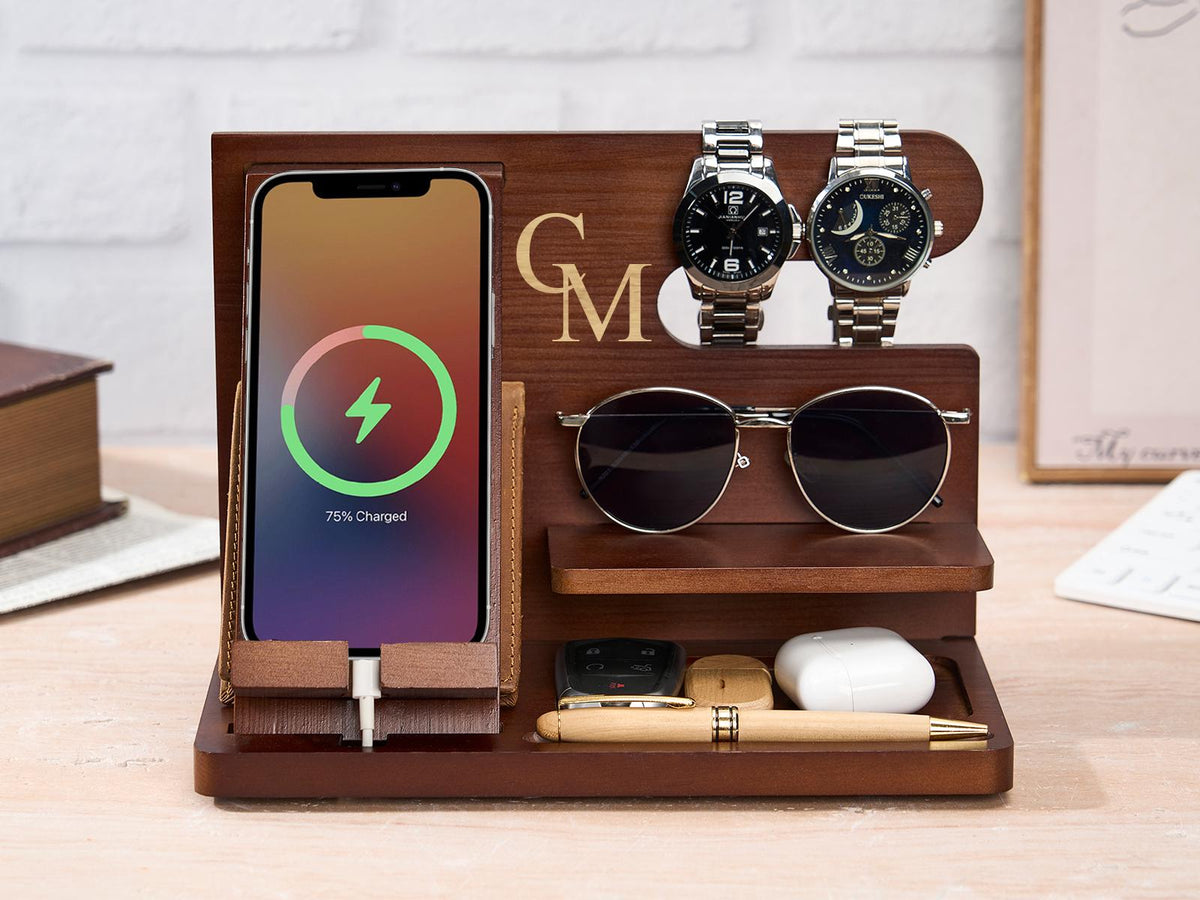 Personalized Docking Station, Custom Desk Storage Stand, Engraved Wood Docking Station