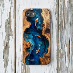 Koi Fish Faux Wood Resin Phone Case, Blue Epoxy iPhone MagSafe Tough Case