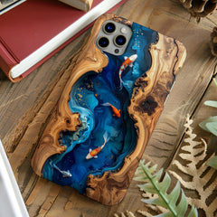 Koi Fish Faux Wood Resin Phone Case, Blue Epoxy iPhone MagSafe Tough Case