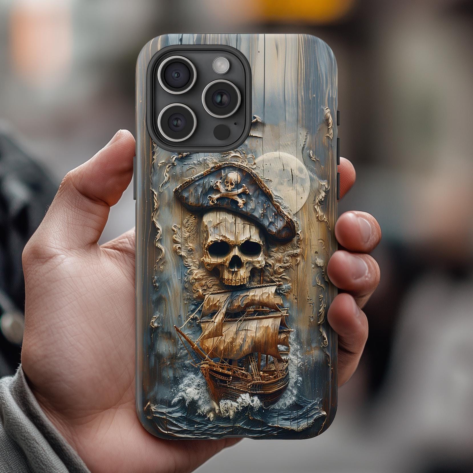 Pirate Ship Skull Phone Case | Nautical Ocean Art | Printer Faux Wood Look