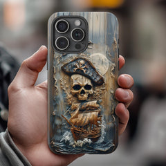 Pirate Ship Skull Phone Case | Nautical Ocean Art | Printer Faux Wood Look