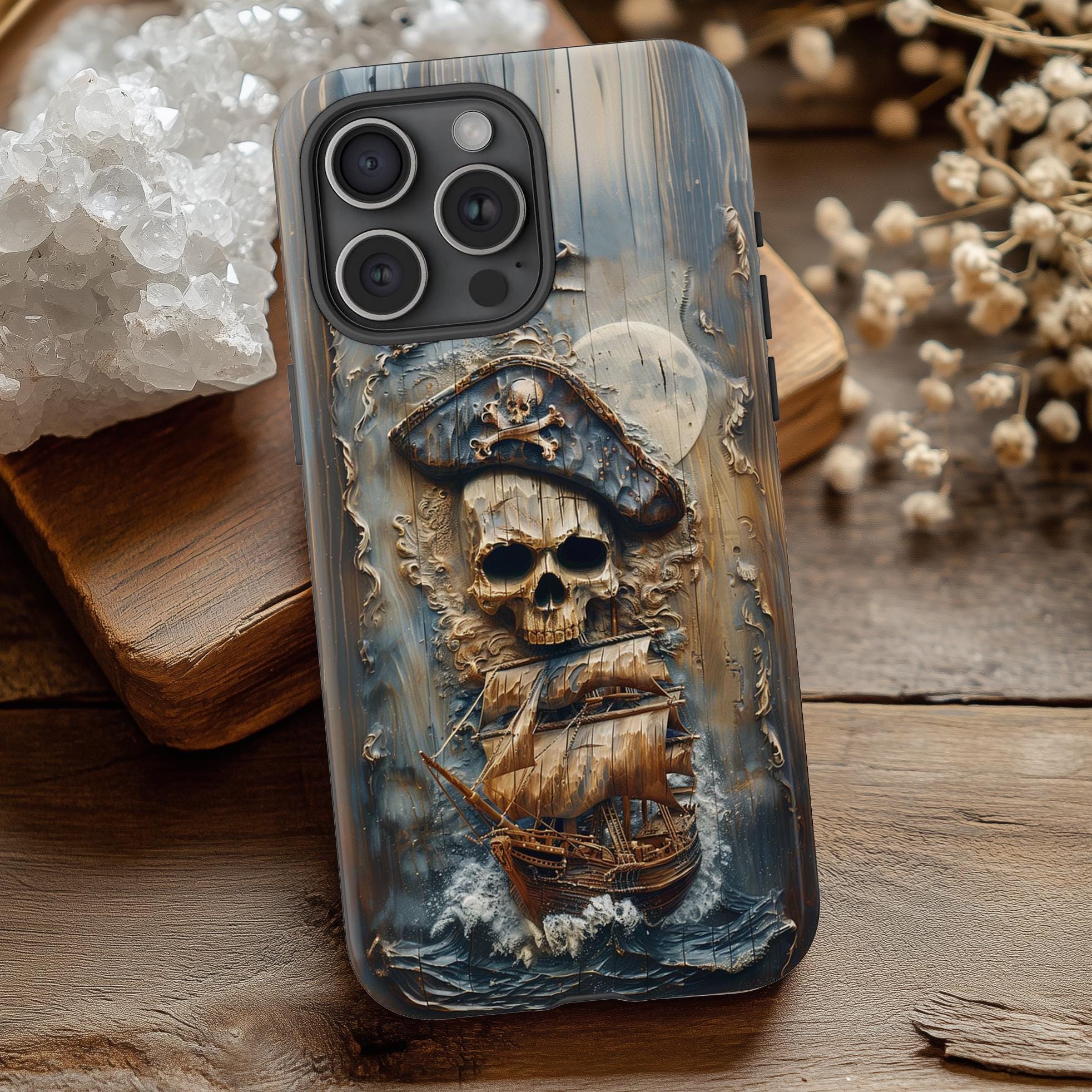 Pirate Ship Skull Phone Case | Nautical Ocean Art | Printer Faux Wood Look