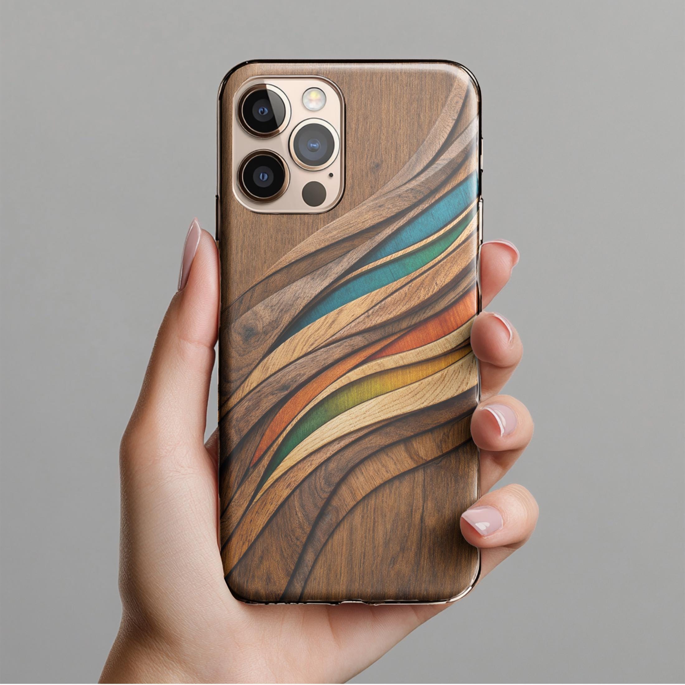 Carved Wood Wave Phone Case, Colorful Modern Wooden Art Design, Organic Flow Pattern, Luxury Aesthetic iPhone Cover