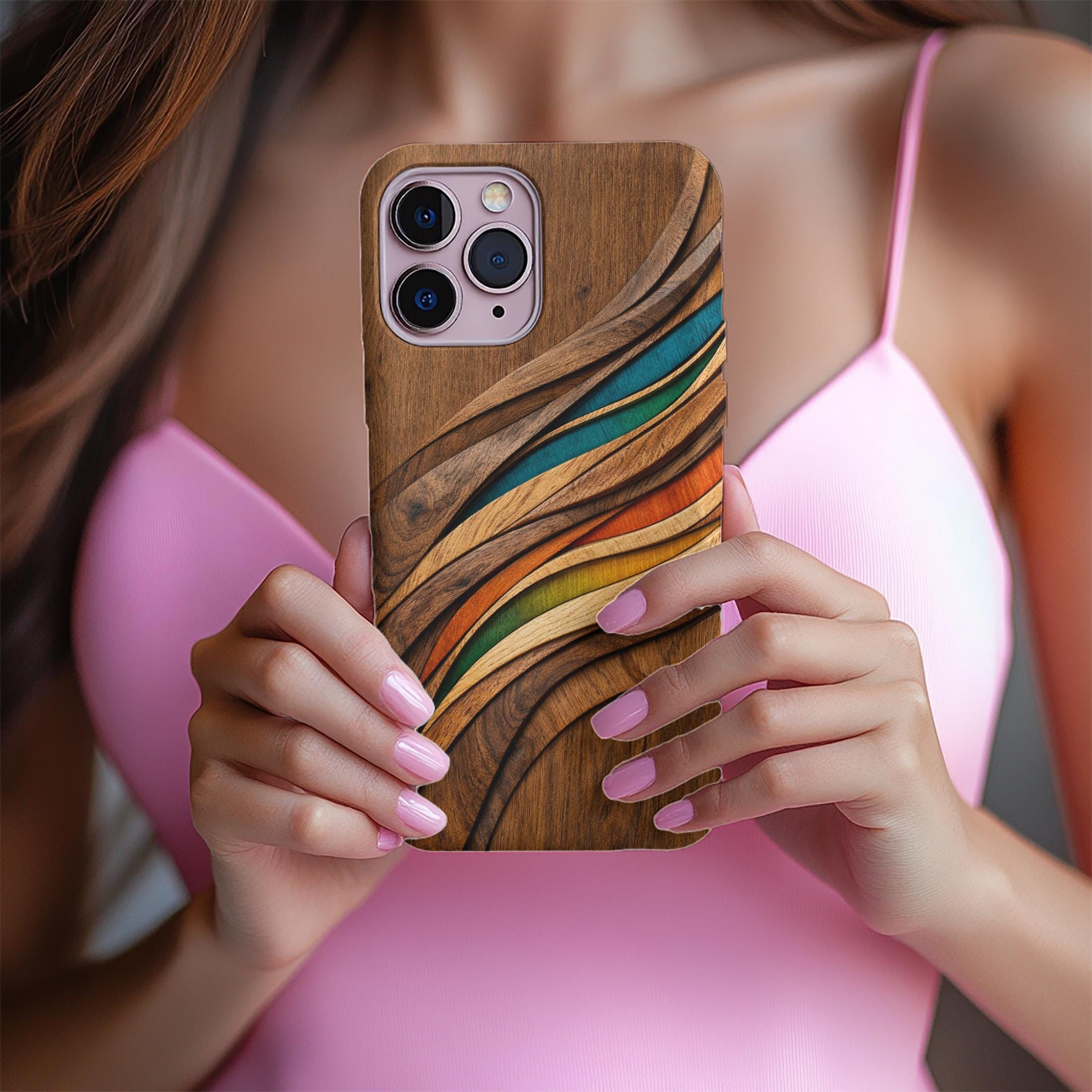 Carved Wood Wave Phone Case, Colorful Modern Wooden Art Design, Organic Flow Pattern, Luxury Aesthetic iPhone Cover