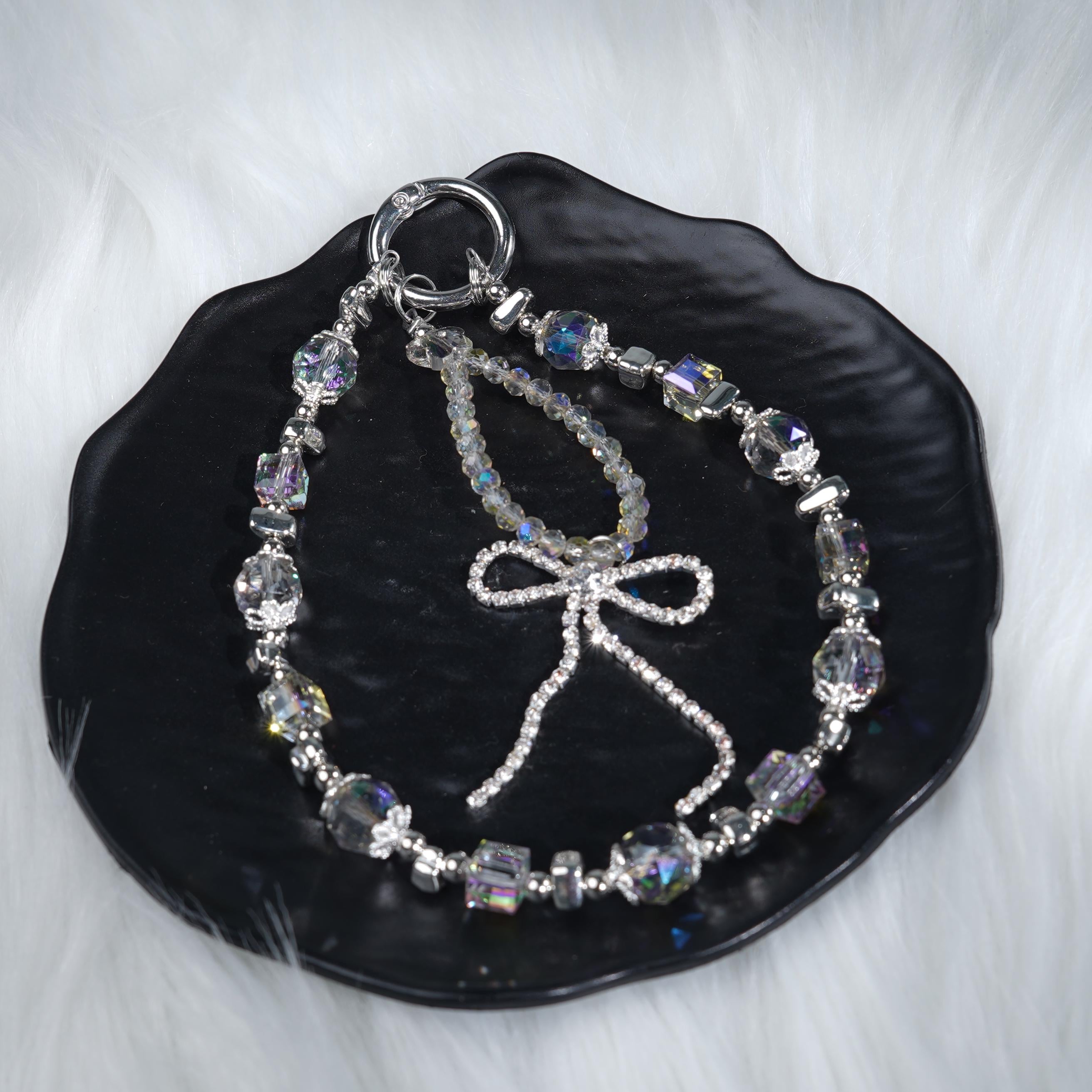 Crystal Phone Charm, Silver Rhinestone Bow, Bag Charm, Beaded Strap, Aesthetic Jewelry