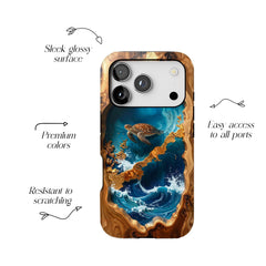 Sea Turtle Faux Wood Resin Phone Case, Blue Epoxy Blue Ocean iPhone MagSafe Tough Case