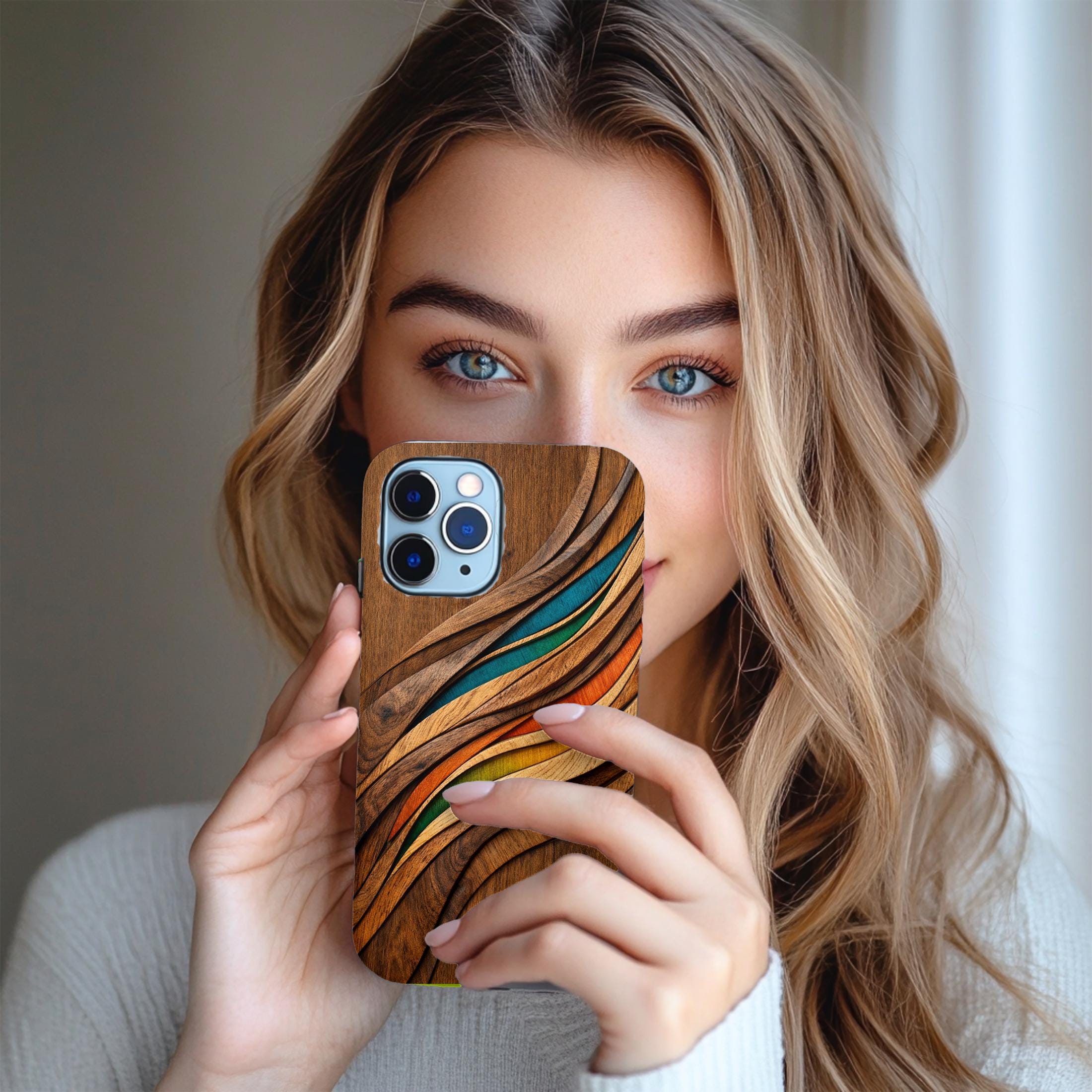 Carved Wood Wave Phone Case, Colorful Modern Wooden Art Design, Organic Flow Pattern, Luxury Aesthetic iPhone Cover