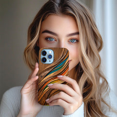 Carved Wood Wave Phone Case, Colorful Modern Wooden Art Design, Organic Flow Pattern, Luxury Aesthetic iPhone Cover
