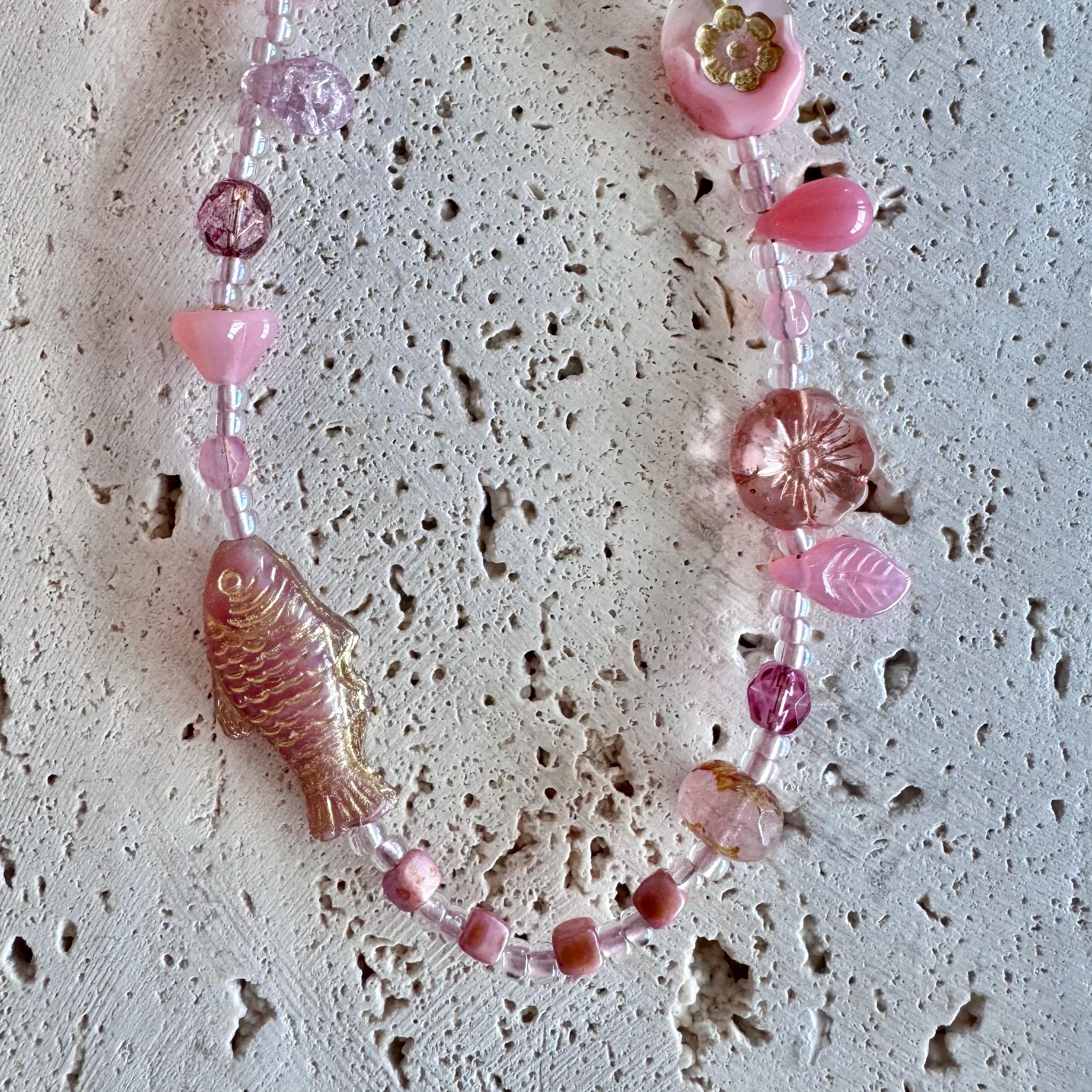 Pink Fish Beaded Phone Charm Wristlet