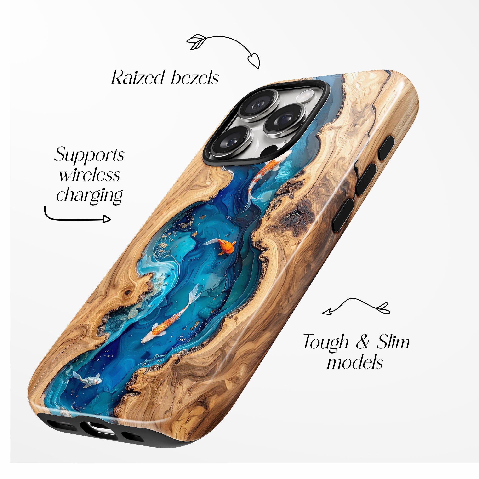 Koi Fish Faux Wood Resin Phone Case, Blue Epoxy iPhone MagSafe Tough Case