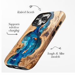 Koi Fish Faux Wood Resin Phone Case, Blue Epoxy iPhone MagSafe Tough Case