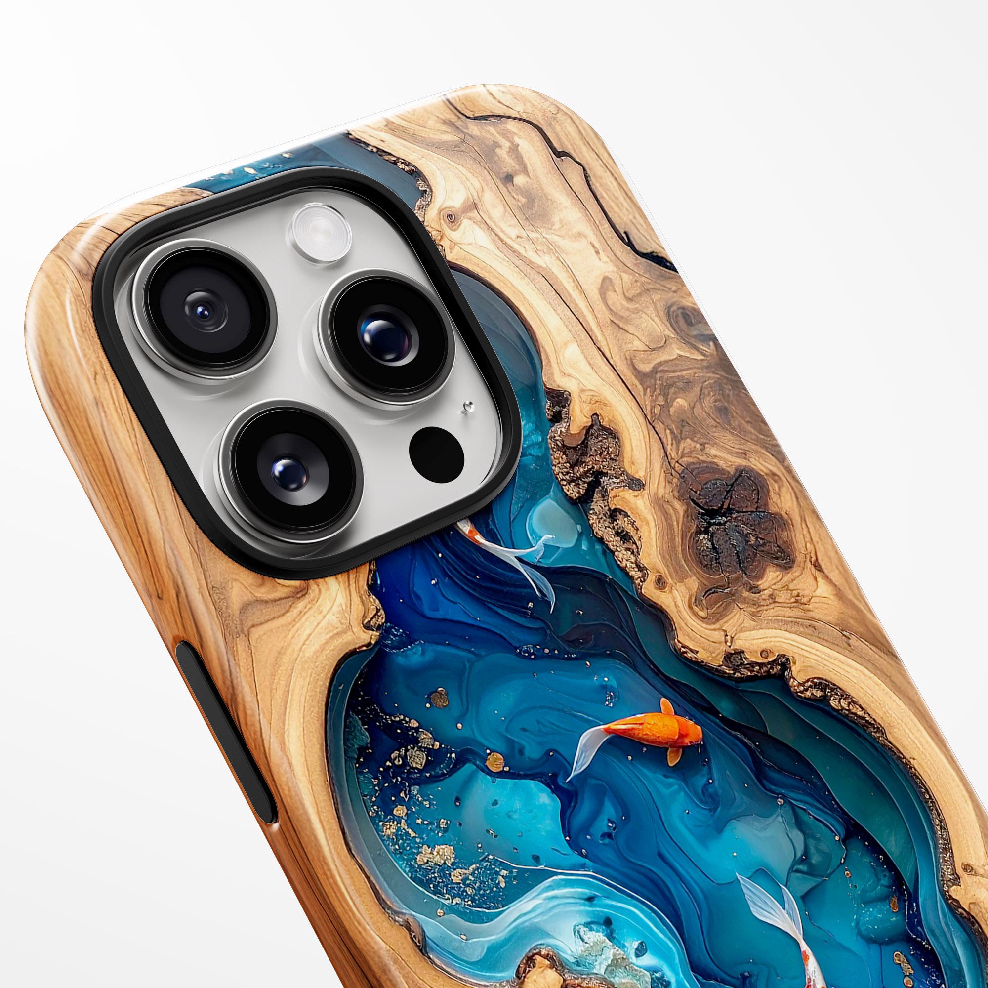 Koi Fish Faux Wood Resin Phone Case, Blue Epoxy iPhone MagSafe Tough Case